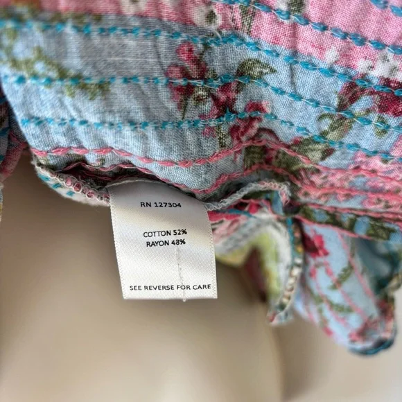 John Mark Multicolor patchwork kantha style Floral split neck 3/4 Sleeve Top - Picture 9 of 14